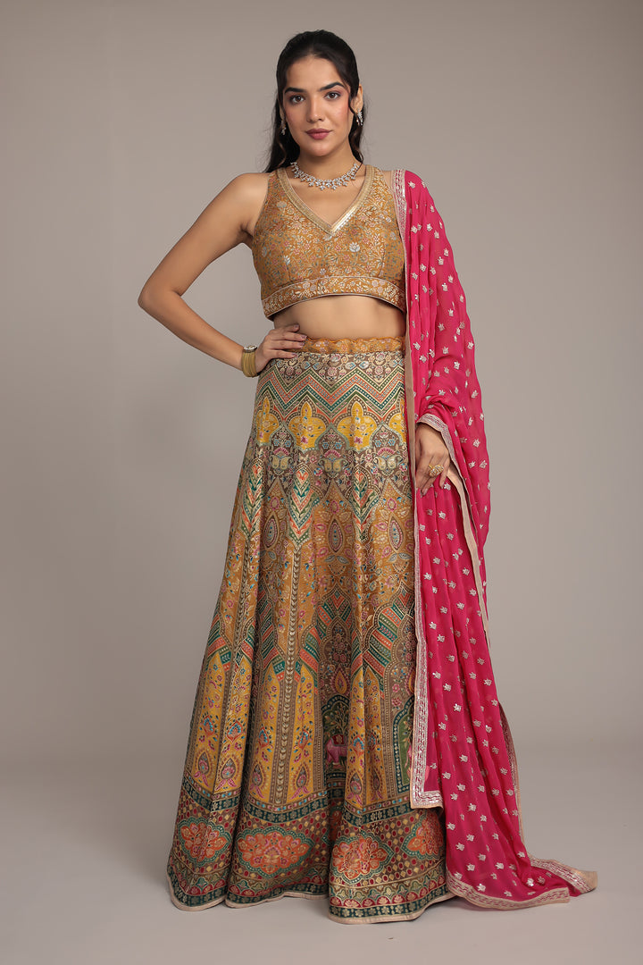 Multicolor Handwoven Silk Lehenga with Aari and Sequins work