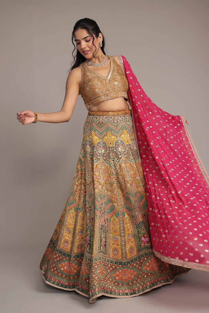 Multicolor Handwoven Silk Lehenga with Aari and Sequins work