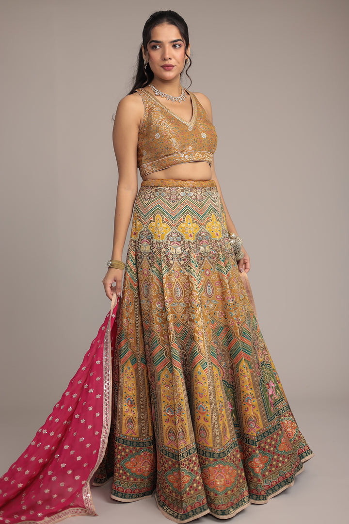Multicolor Handwoven Silk Lehenga with Aari and Sequins work