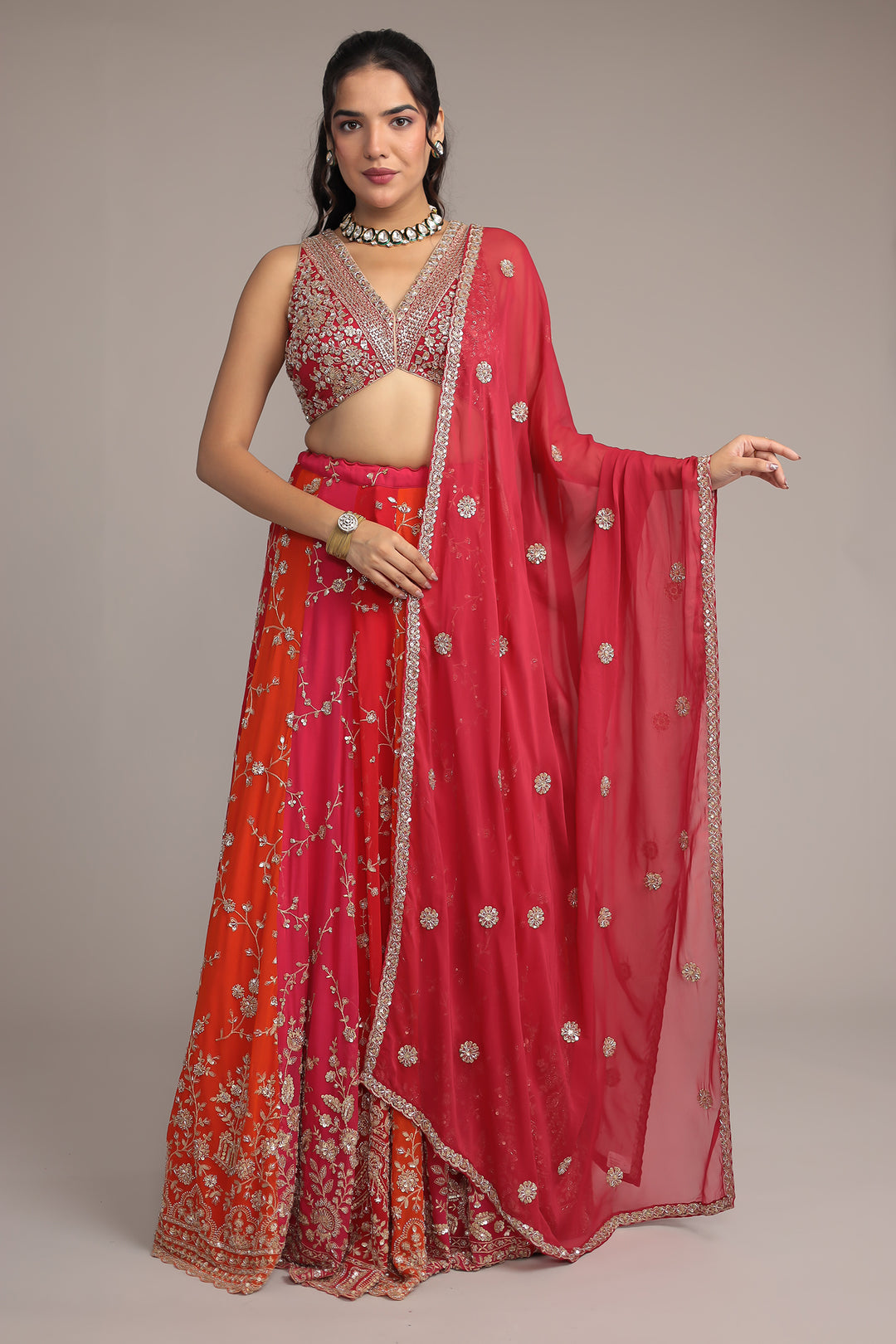 Multicolor Chiffon Lehenga Intricate work with Aari, Cutdana and Sequins work