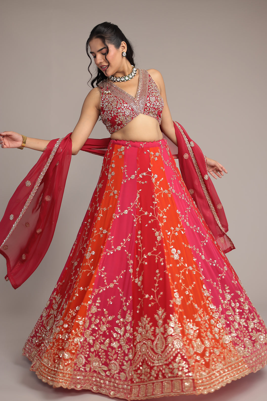 Multicolor Chiffon Lehenga Intricate work with Aari, Cutdana and Sequins work
