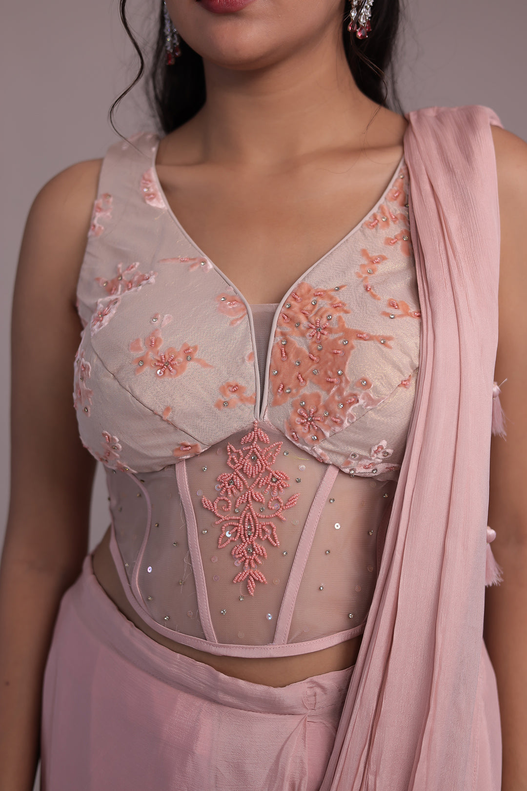 Chinon Silk Drape Saree Stitched with Stone and Swarovski work