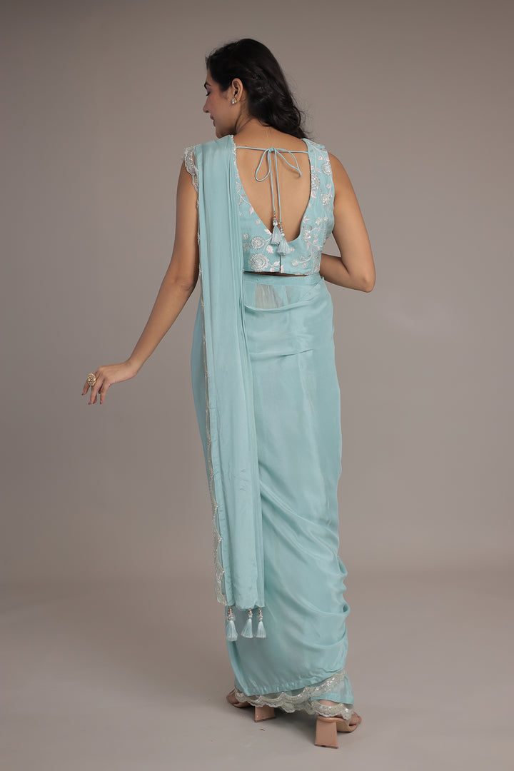 Chinon Silk Drape Saree Stitched with Sequins and Thread work