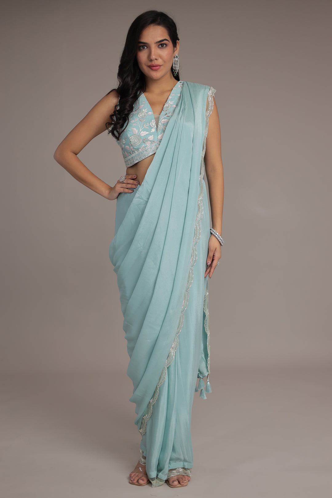 Blue Chinon Silk Saree