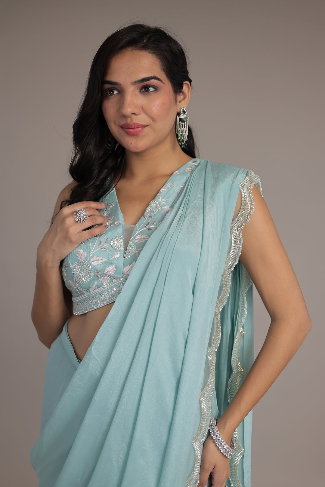 Chinon Silk Drape Saree Stitched with Sequins and Thread work