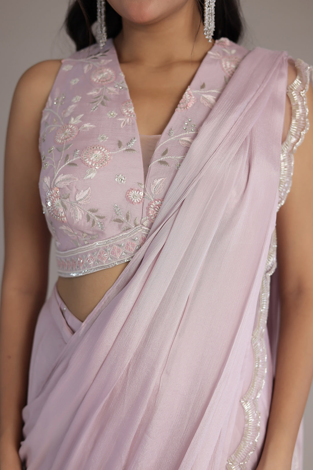 Chinon Silk Saree Stitched with Cutdana, Sequins and Thread work