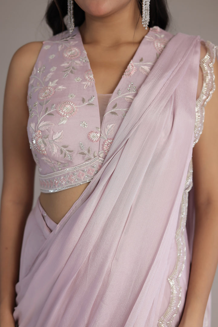 Chinon Silk Saree Stitched with Cutdana, Sequins and Thread work