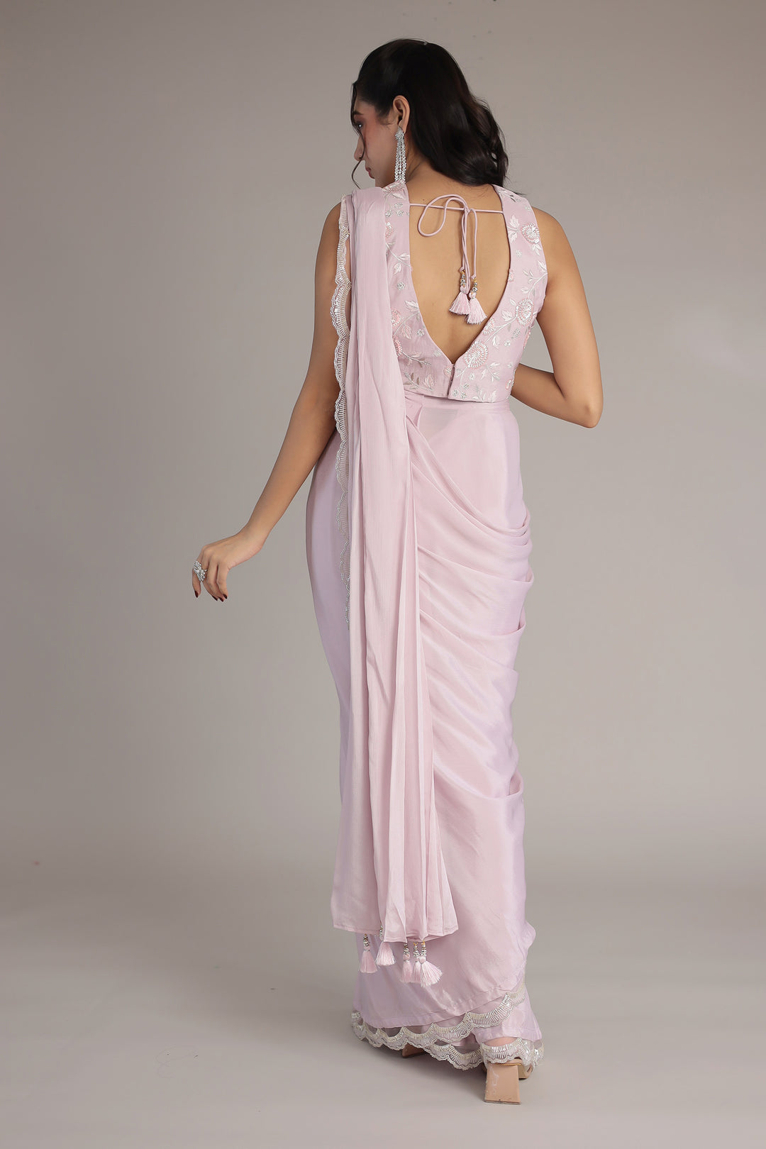 Chinon Silk Saree Stitched with Cutdana, Sequins and Thread work