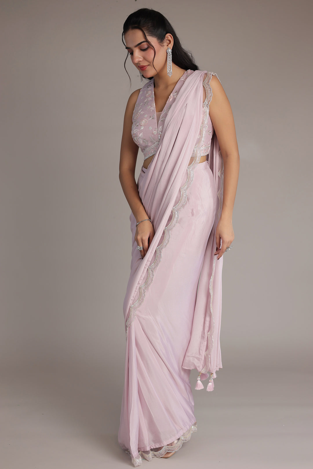 Chinon Silk Saree Stitched with Cutdana, Sequins and Thread work