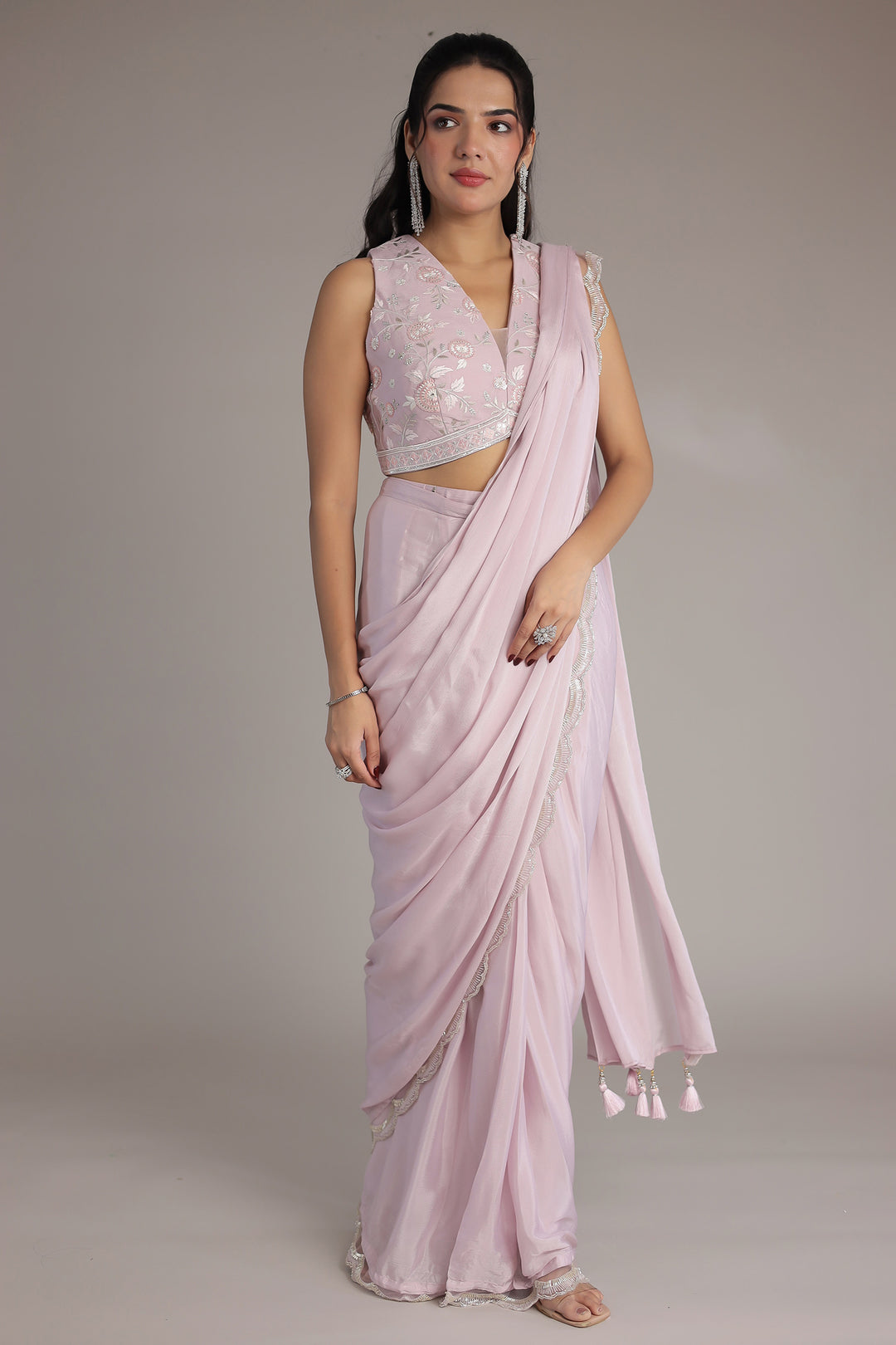 Chinon Silk Saree Stitched with Cutdana, Sequins and Thread work