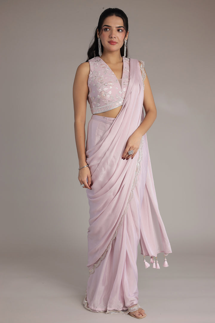 Chinon Silk Saree Stitched with Cutdana, Sequins and Thread work
