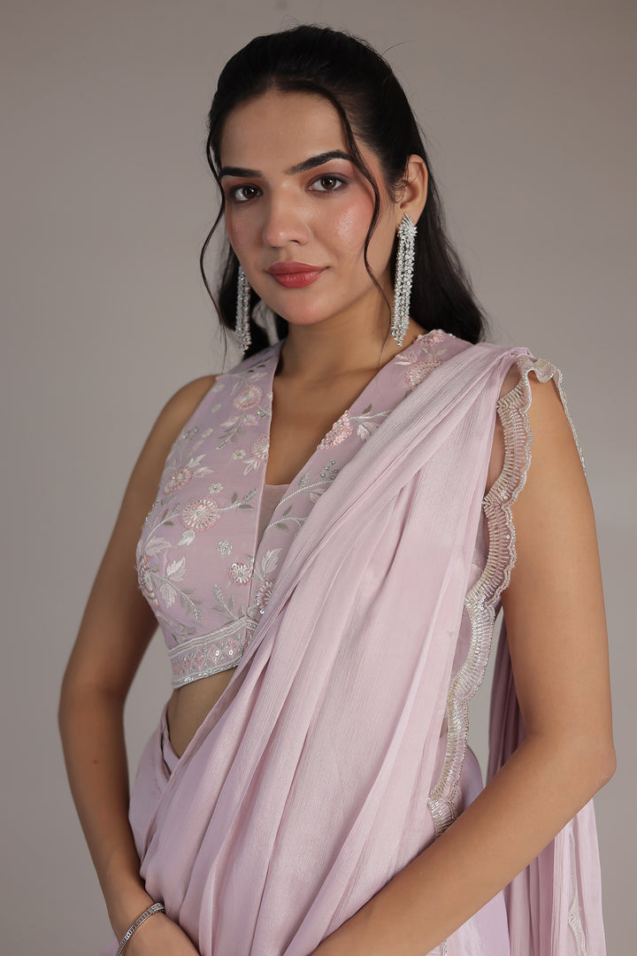 Chinon Silk Saree Stitched with Cutdana, Sequins and Thread work