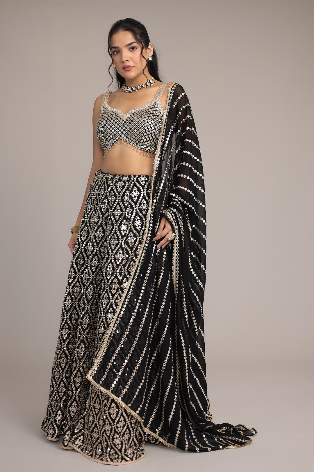 Stylish Georgette Lehenga with Exquisite Mirror & Thread Work