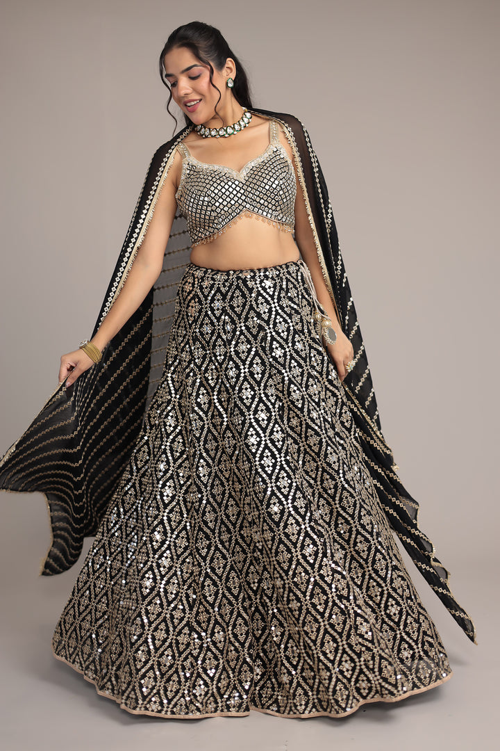Stylish Georgette Lehenga with Exquisite Mirror & Thread Work
