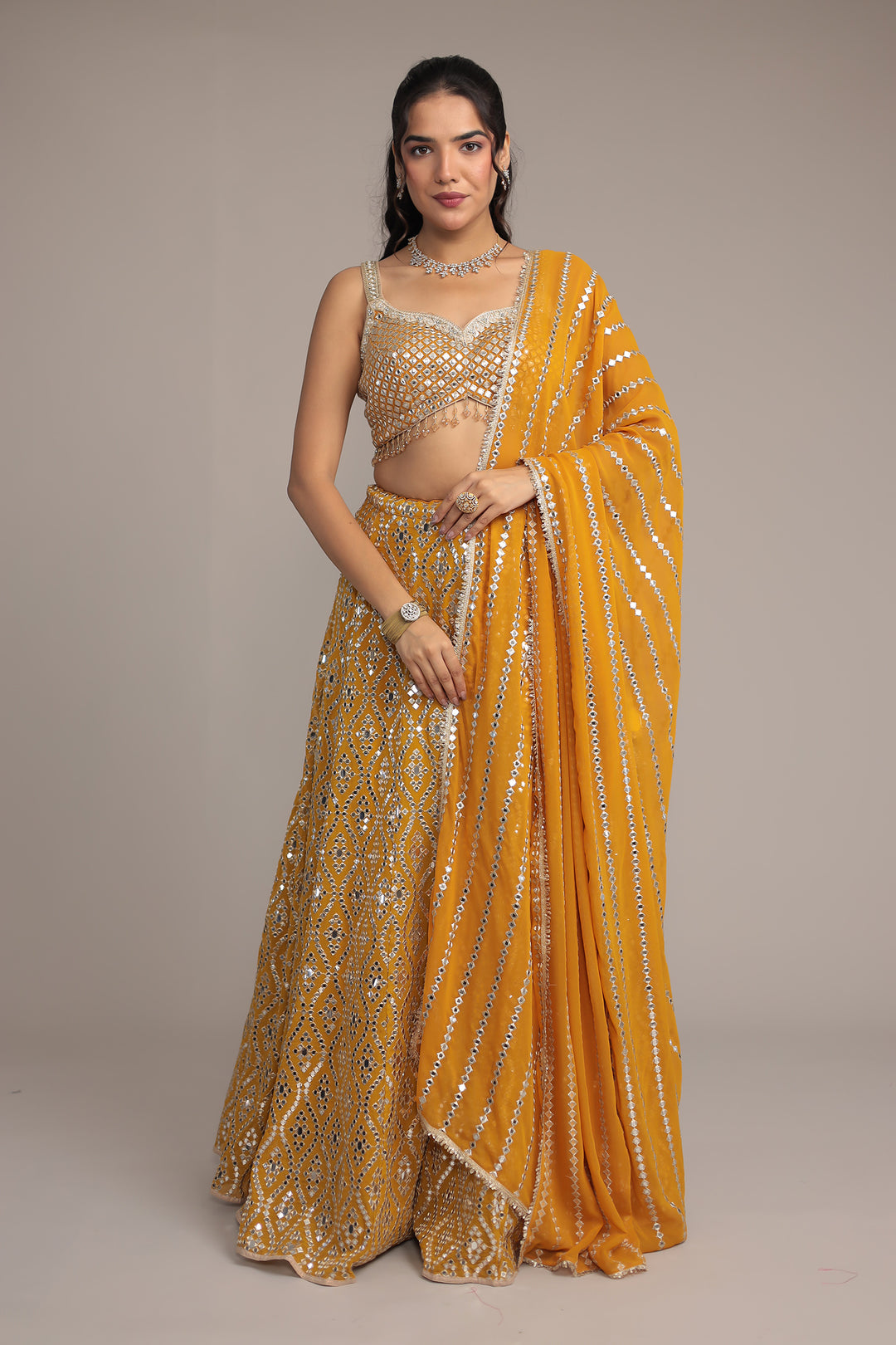 Stylish Georgette Lehenga with Exquisite Mirror & Thread Work