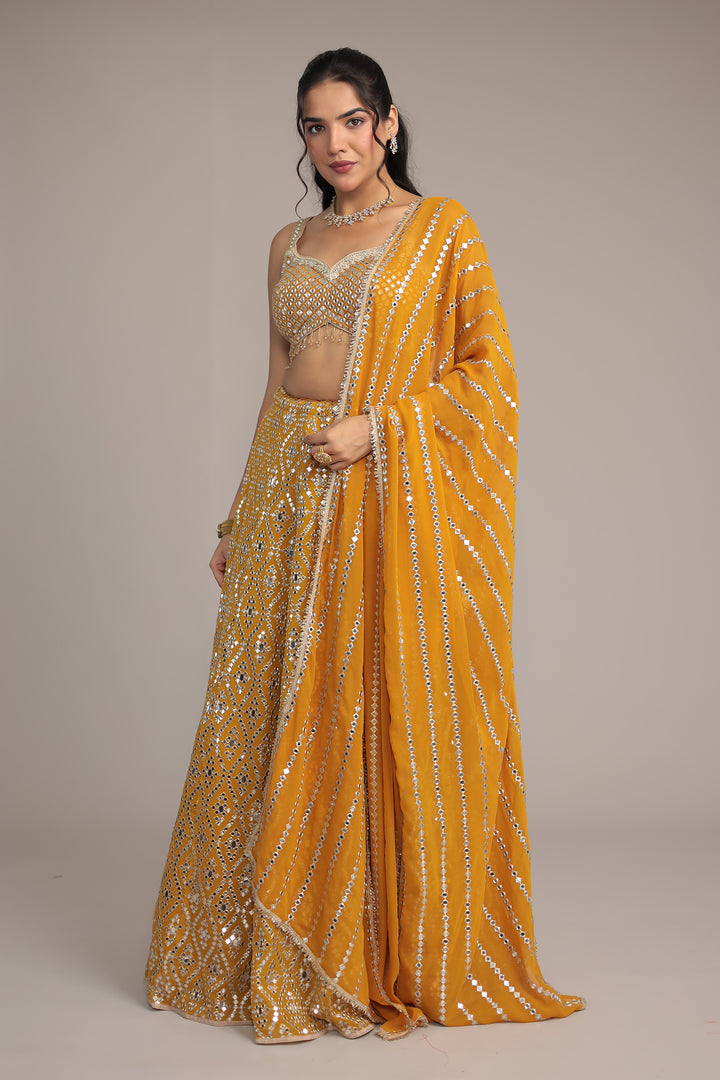 Stylish Georgette Lehenga with Exquisite Mirror & Thread Work
