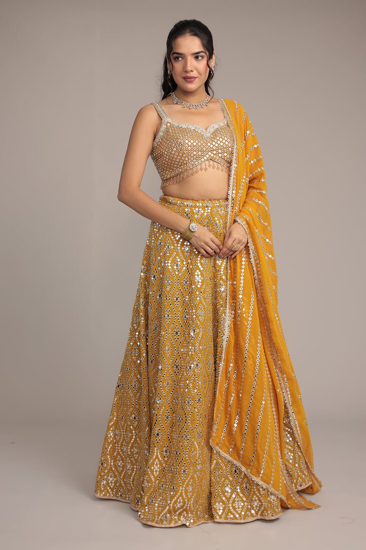 Stylish Georgette Lehenga with Exquisite Mirror & Thread Work