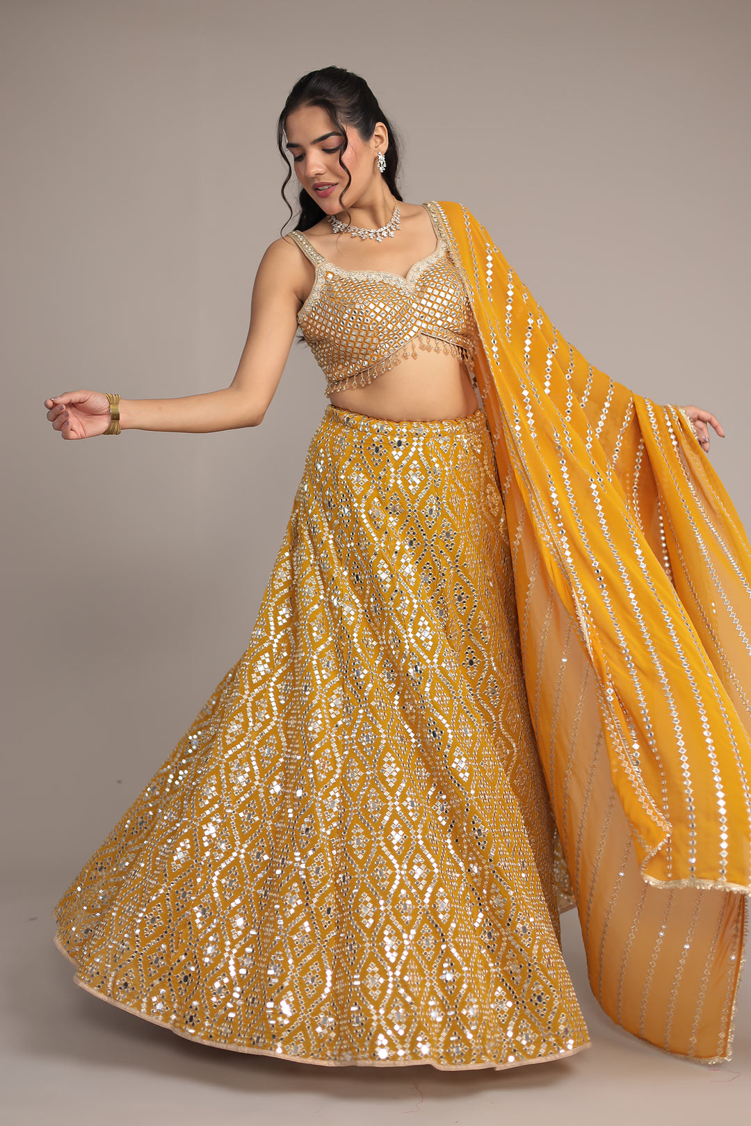 Stylish Georgette Lehenga with Exquisite Mirror & Thread Work