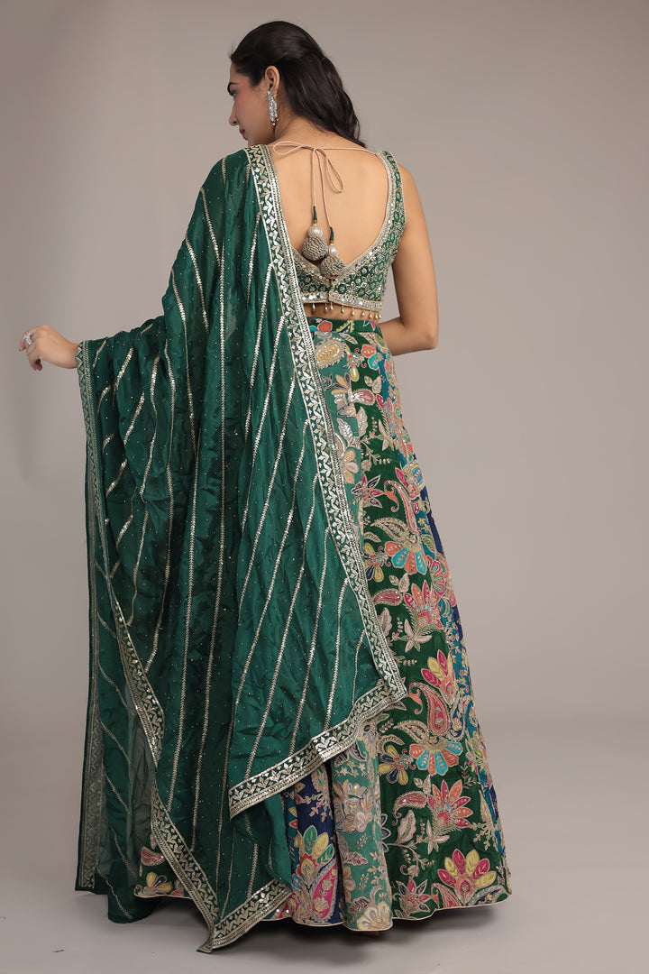 Luxurious Appliqué Work Chinon Silk Lehenga Enhanced with Aari and Sequins Work