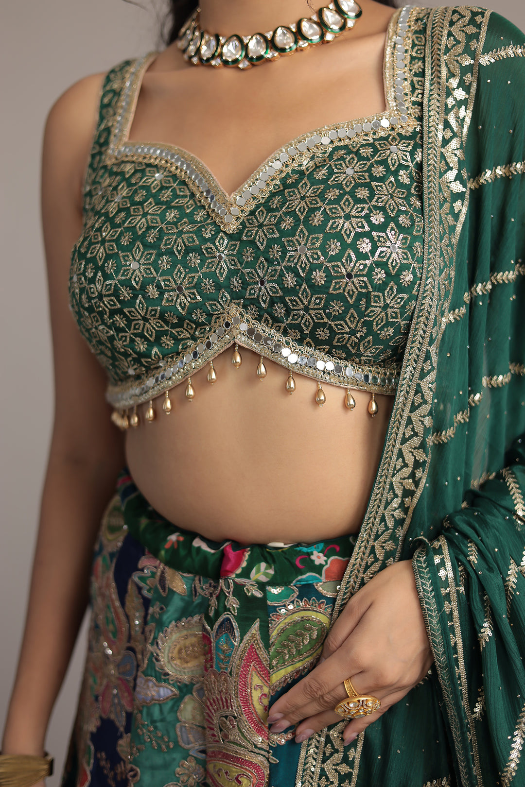 Luxurious Appliqué Work Chinon Silk Lehenga Enhanced with Aari and Sequins Work