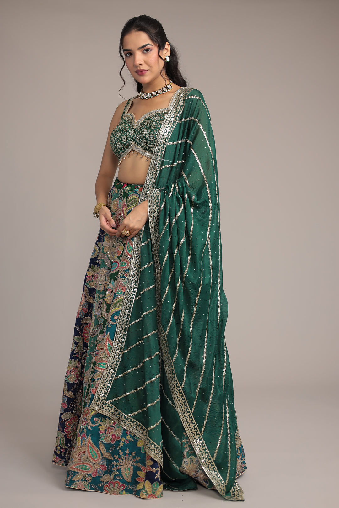 Luxurious Appliqué Work Chinon Silk Lehenga Enhanced with Aari and Sequins Work