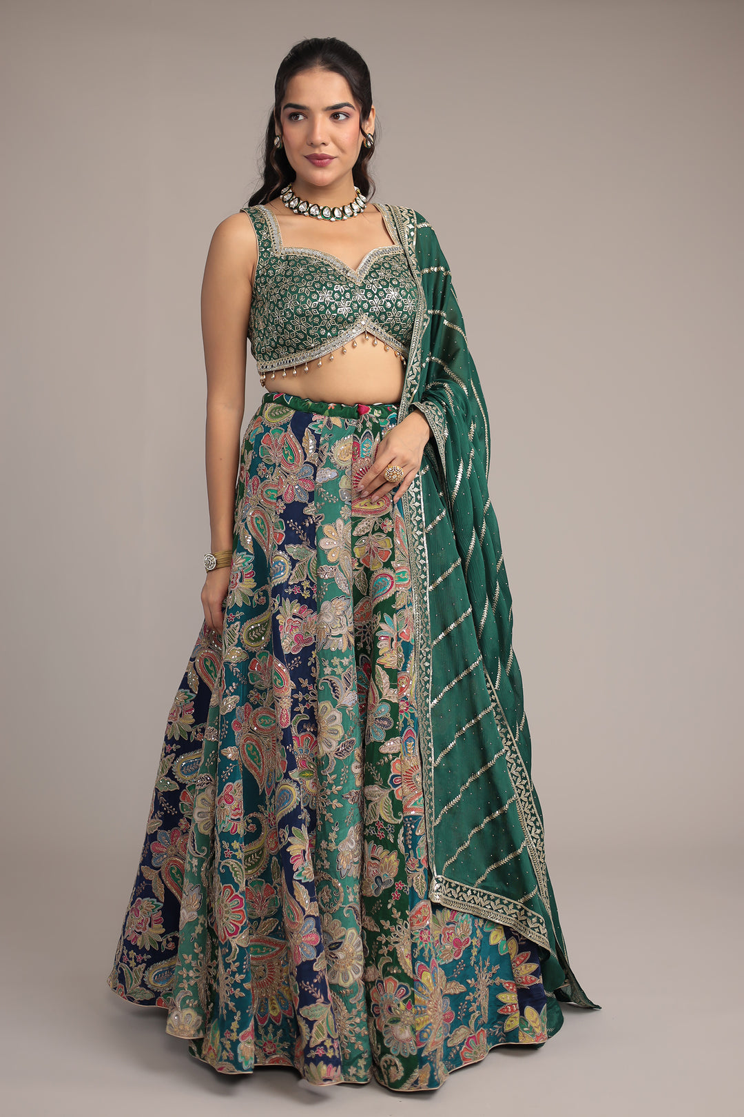 Luxurious Appliqué Work Chinon Silk Lehenga Enhanced with Aari and Sequins Work