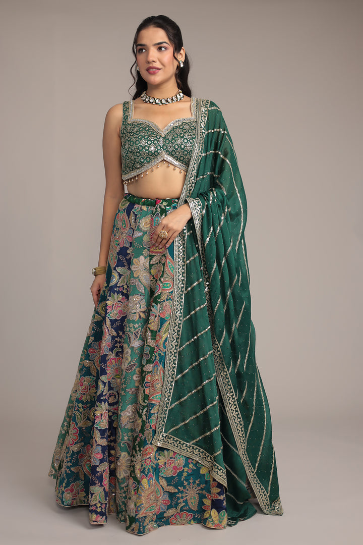 Luxurious Appliqué Work Chinon Silk Lehenga Enhanced with Aari and Sequins Work