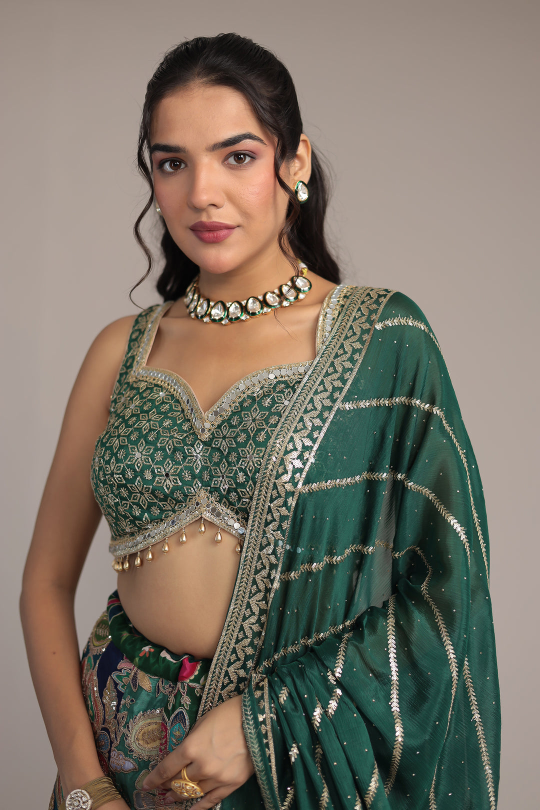 Luxurious Appliqué Work Chinon Silk Lehenga Enhanced with Aari and Sequins Work