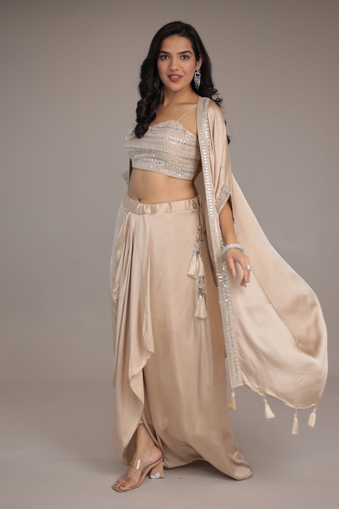 Satin Silk Indo Western Embellished with Mirror and Thread work.