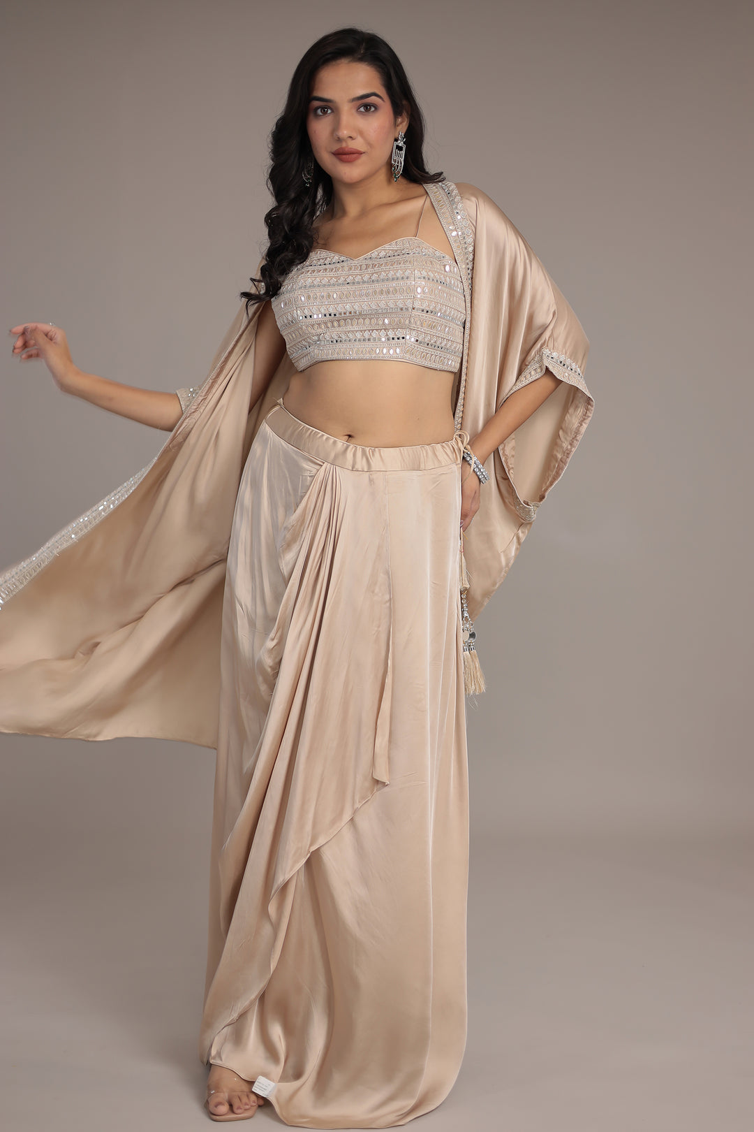 Satin Silk Indo Western Embellished with Mirror and Thread work.