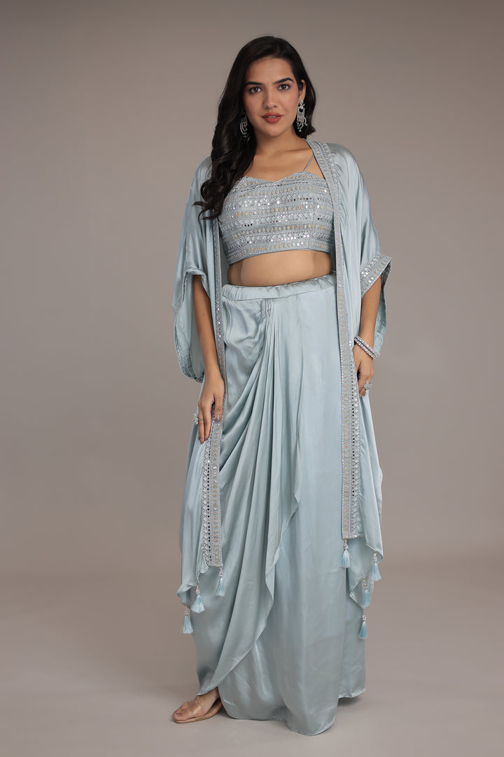 Satin Silk Indo Western Embellished with Mirror and Thread work.