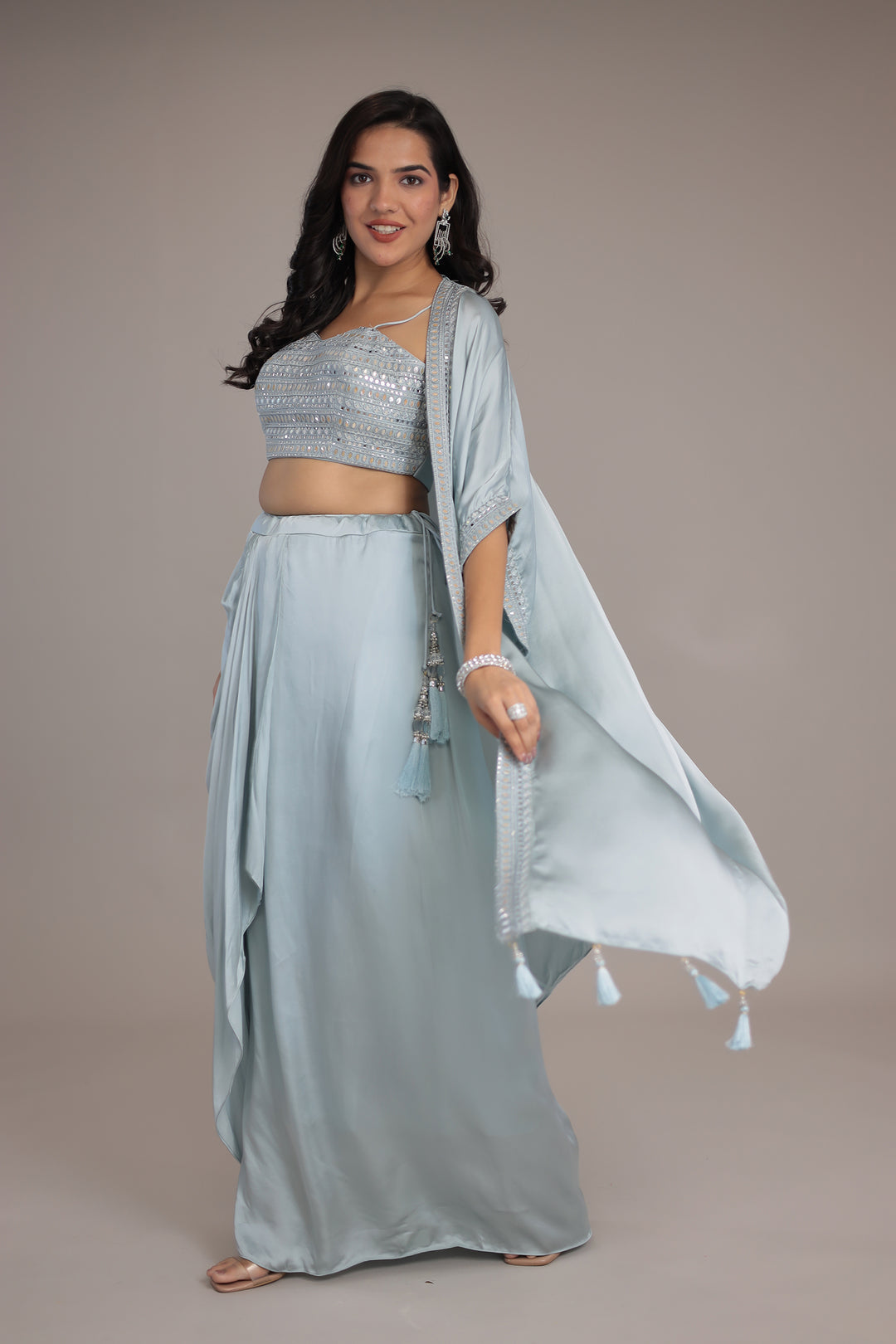 Satin Silk Indo Western Embellished with Mirror and Thread work.