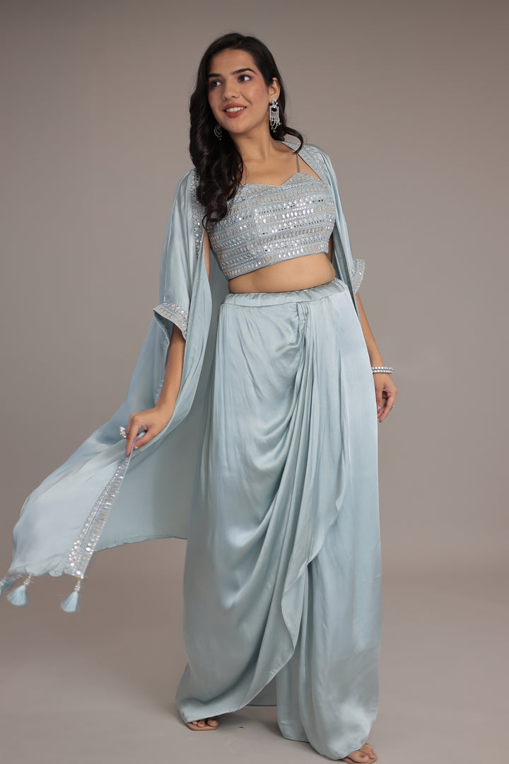 Satin Silk Indo Western Embellished with Mirror and Thread work.