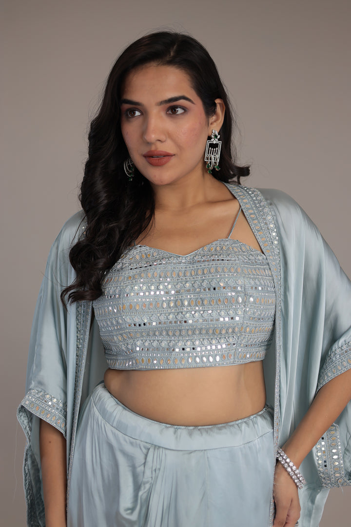 Satin Silk Indo Western Embellished with Mirror and Thread work.