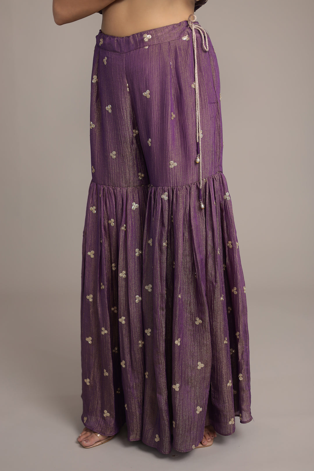 Purple Shimmer Tissue Suit Detailed with Aari and Sequins work