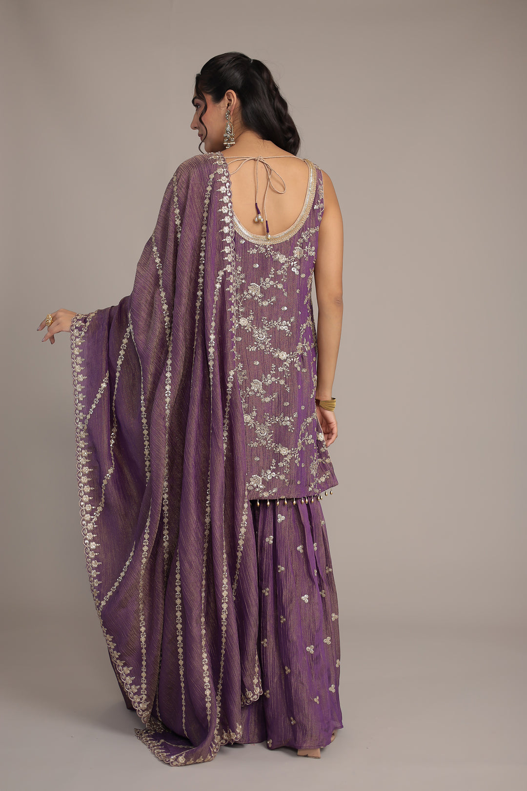 Purple Shimmer Tissue Suit Detailed with Aari and Sequins work