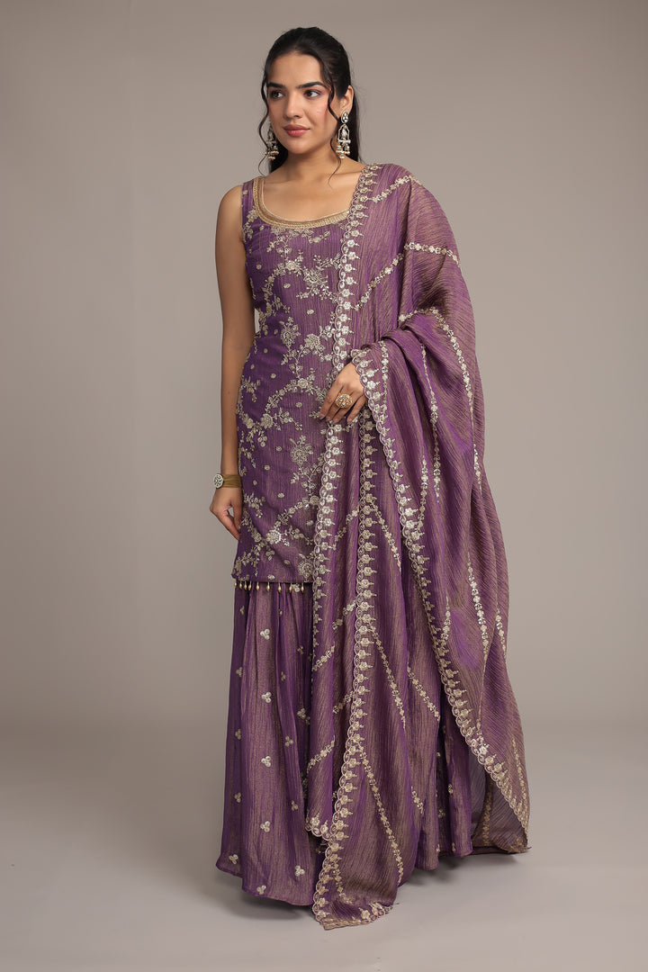 Purple Shimmer Tissue Suit Detailed with Aari and Sequins work