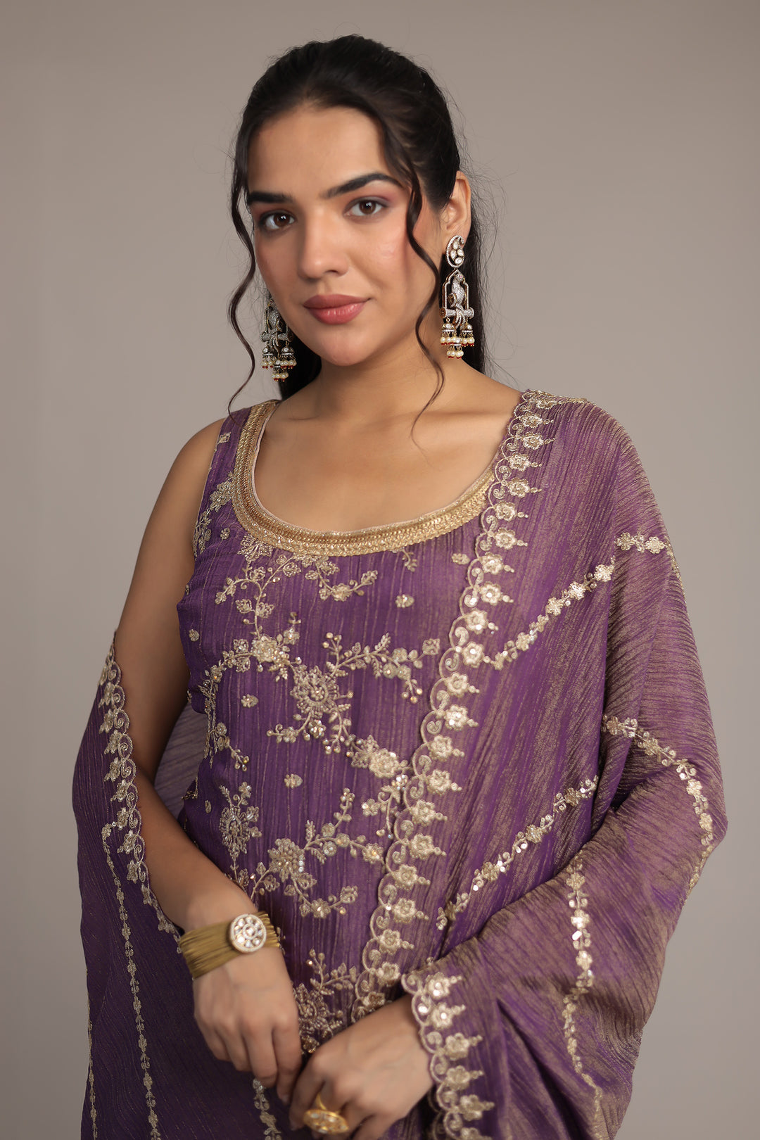 Purple Shimmer Tissue Suit Detailed with Aari and Sequins work