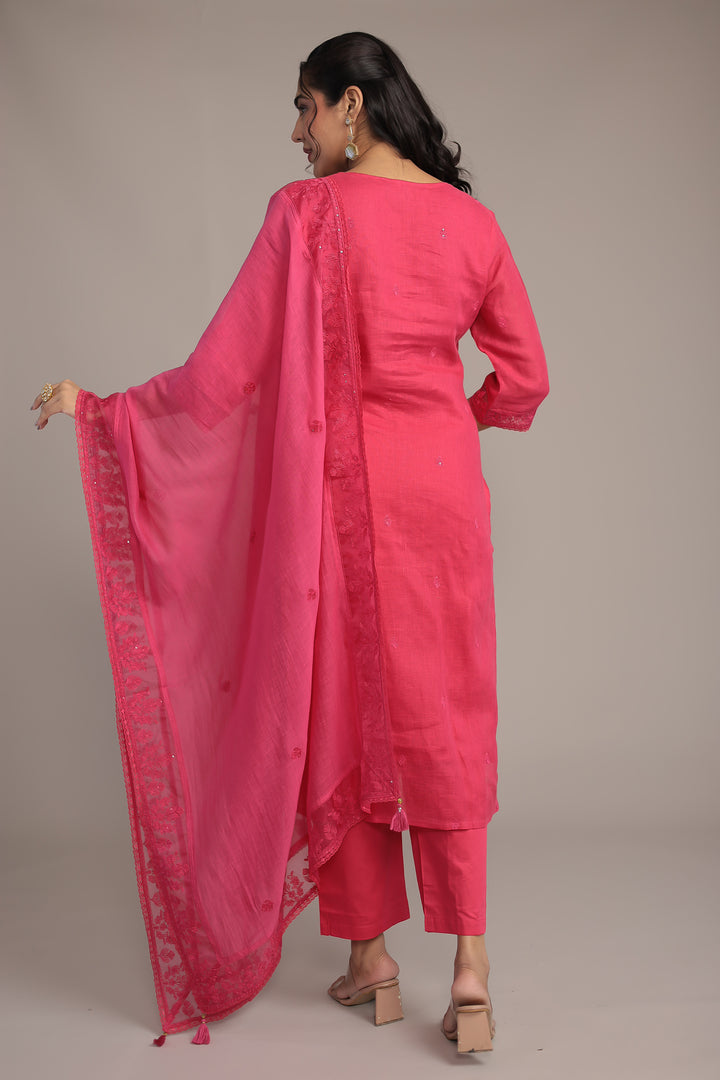 Embroidered Linen Kurta Set Stitched with Sequins work