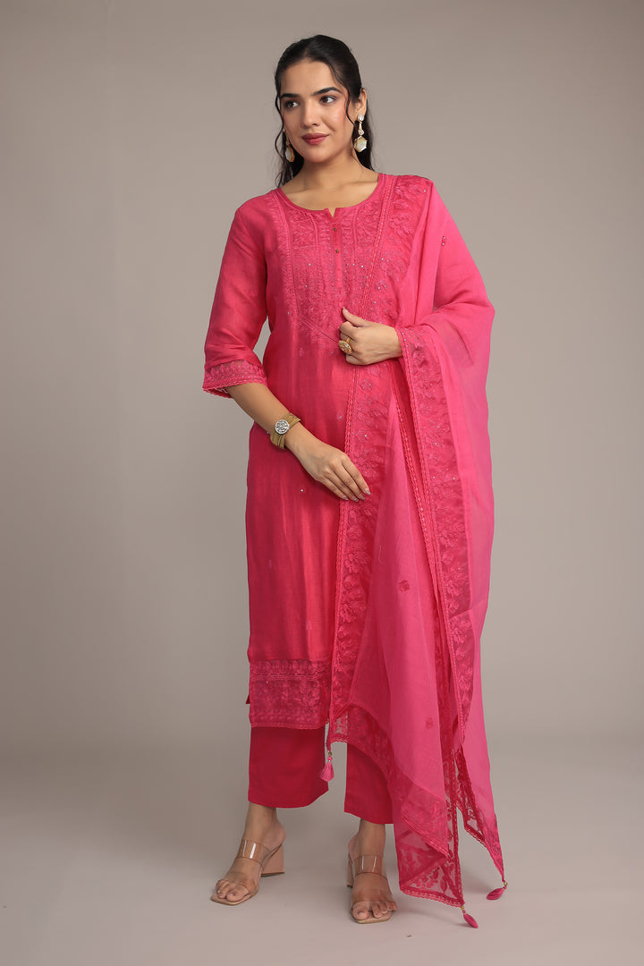 Embroidered Linen Kurta Set Stitched with Sequins work