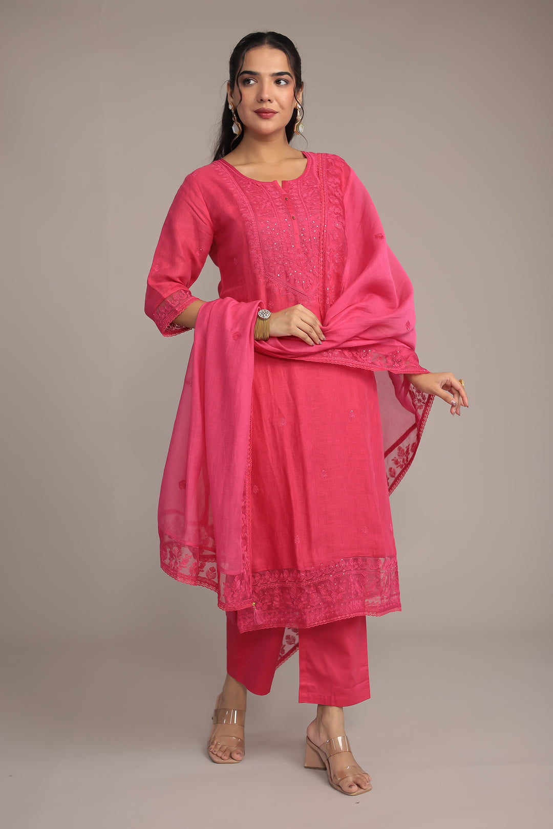 Embroidered Linen Kurta Set Stitched with Sequins work