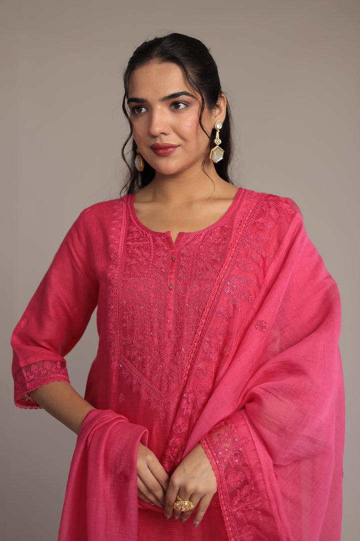 Embroidered Linen Kurta Set Stitched with Sequins work