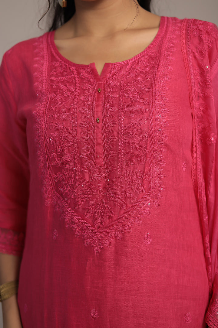 Embroidered Linen Kurta Set Stitched with Sequins work