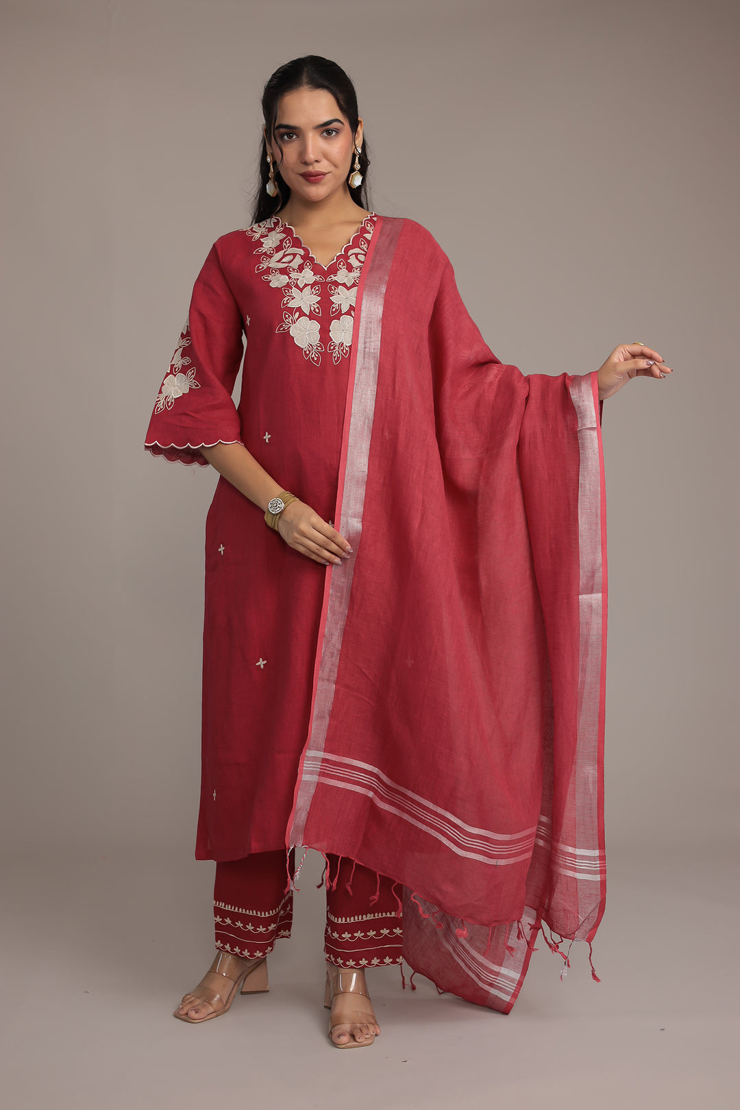 Embroidered Linen Kurta Set Stitched with Zari Border Dupatta