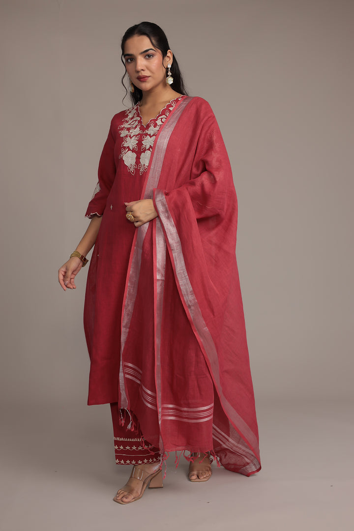 Embroidered Linen Kurta Set Stitched with Zari Border Dupatta