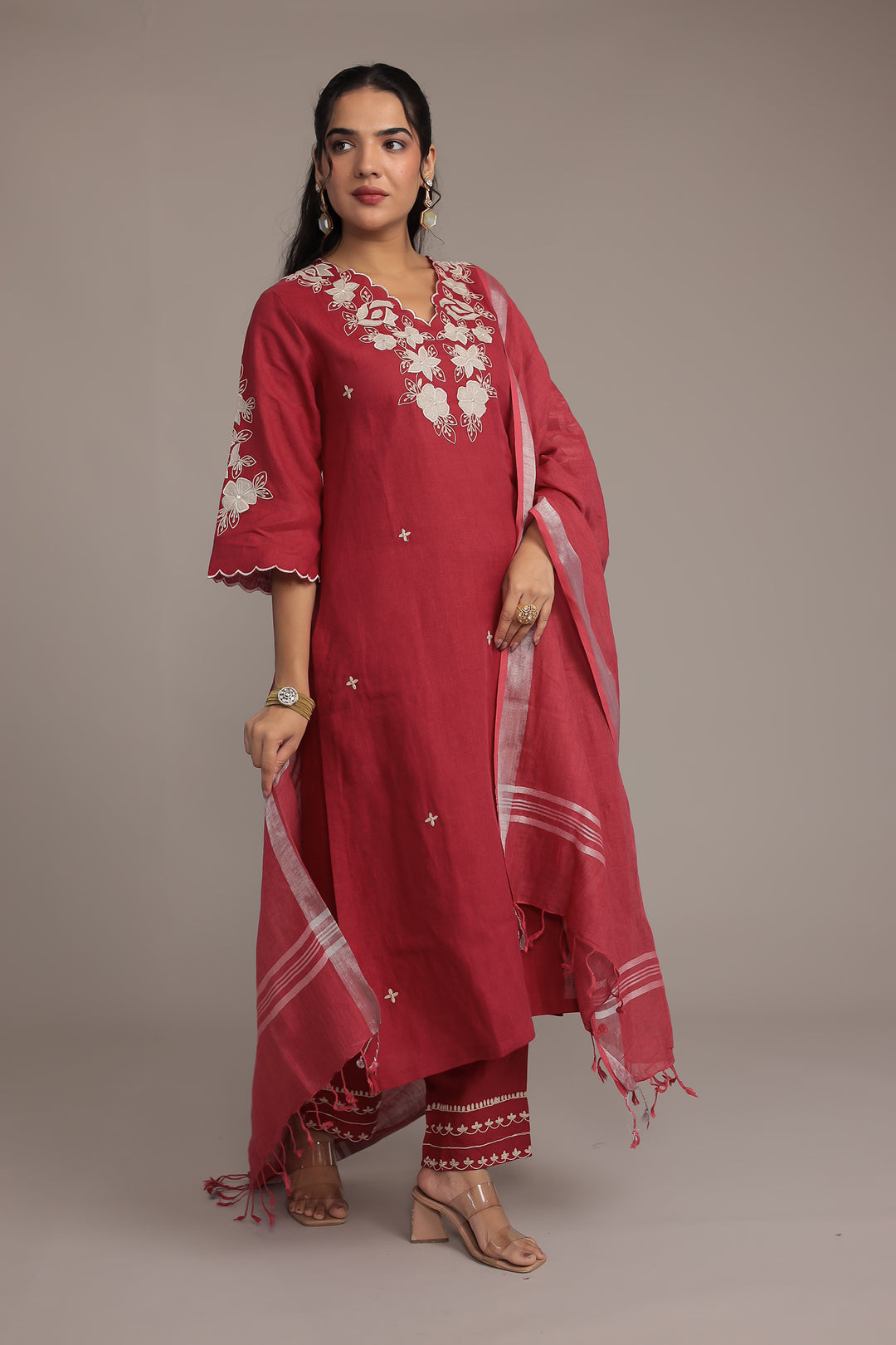 Embroidered Linen Kurta Set Stitched with Zari Border Dupatta