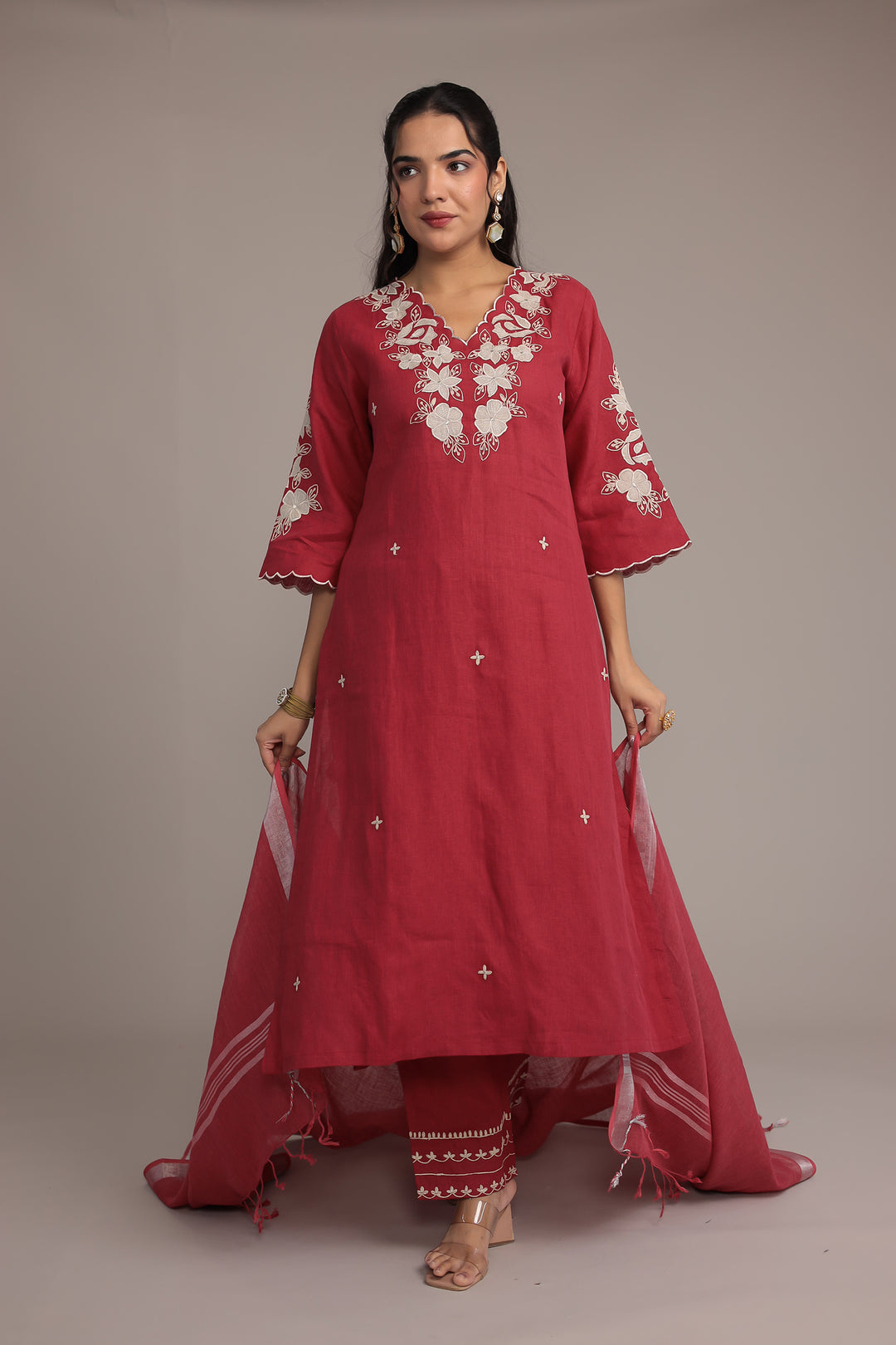 Embroidered Linen Kurta Set Stitched with Zari Border Dupatta