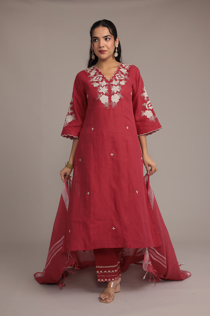 Embroidered Linen Kurta Set Stitched with Zari Border Dupatta