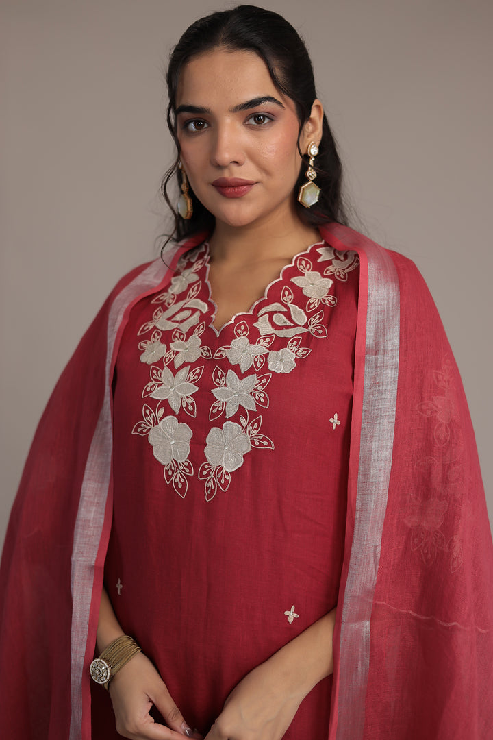 Embroidered Linen Kurta Set Stitched with Zari Border Dupatta