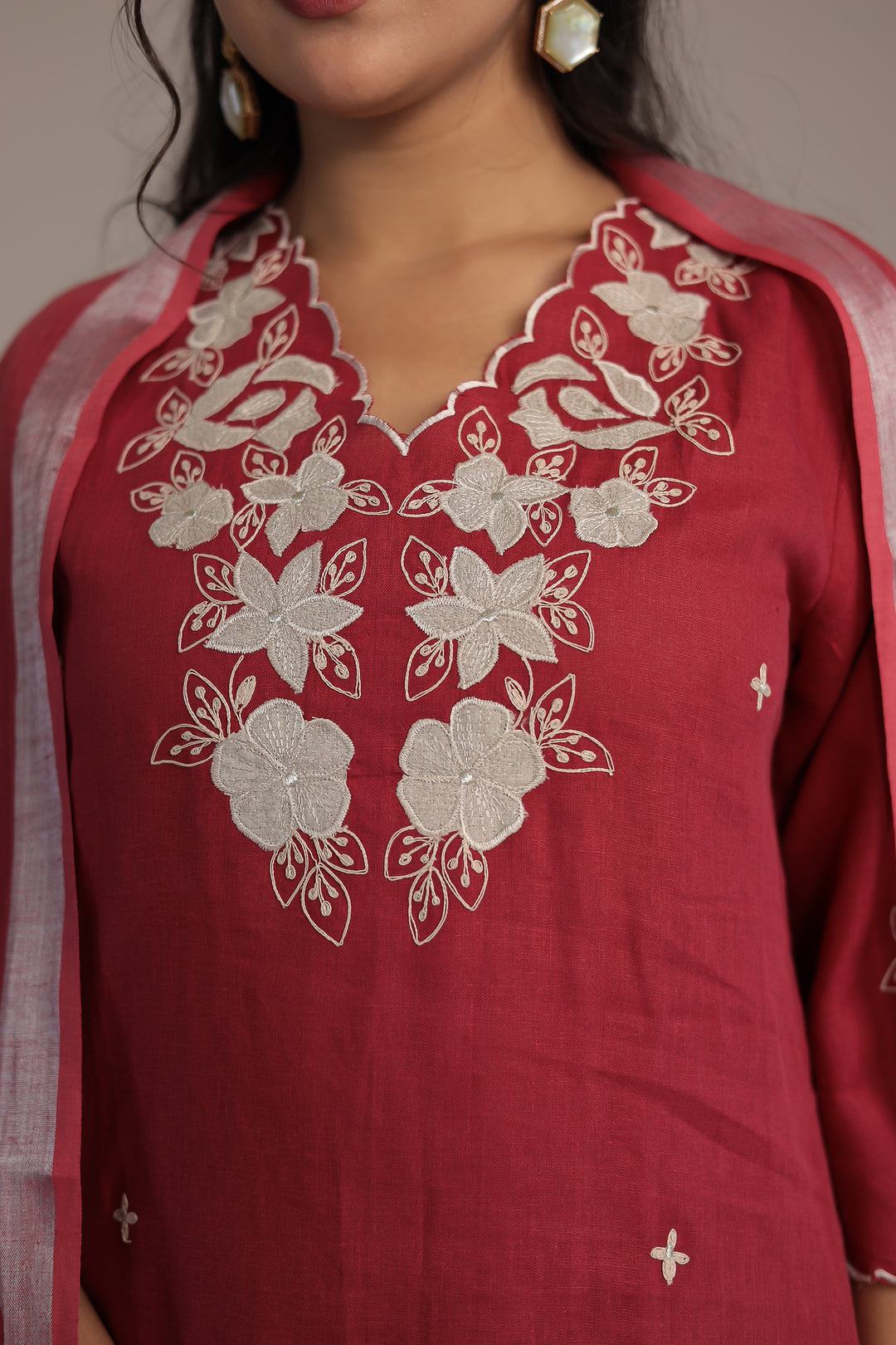 Embroidered Linen Kurta Set Stitched with Zari Border Dupatta